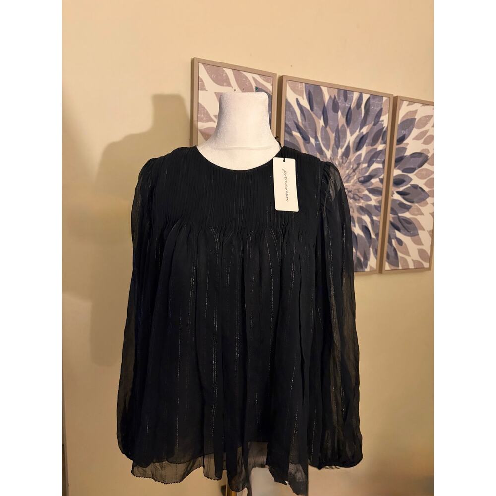 NWT unsubscribed $278 Silk Pintuck Metallic Stripe Balloon Sleeve Blouse Black 4